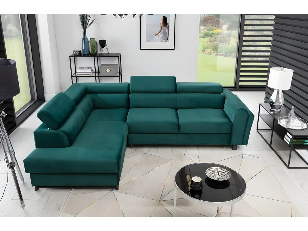 Canapé D'angle Convertible - KARL VELOURS - En Tissu Prestige - 5 Places, Vert, Angle Gauche (vu De Face) 1 Canapé D'angle Convertible - KARL VELOURS - En Tissu Prestige - 5 Places, Vert, Angle Gauche (vu De Face)