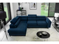 Canapé D'angle Convertible - KARL VELOURS - En Tissu Prestige Bleu - 5 Places, Angle Gauche (vu De Face)