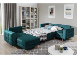 Canapé Panoramique Convertible - ASMA VELOURS - En Tissu De Qualité 5 Places, Vert Foncé, Méridienne à Gauche Et Angle à Droite (vu De Face) -Canapé Soldes Boutique canape 9993617