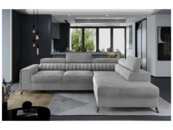 Canapé D'angle Convertible - LARRY VELOURS - En Tissu Luxe, 5 Places, Gris , Angle Droit (vu De Face)