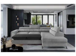 Canapé D'angle Convertible - LARRY VELOURS - En Tissu Luxe, 5 Places, Gris , Angle Droit (vu De Face) -Canapé Soldes Boutique canape 9993659