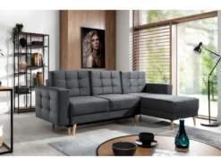 Canapé D'angle Convertible ASSIA VELOURS - En Tissu De Qualité 5 Places, Gris Anthracite, Angle Droit (vu De Face)