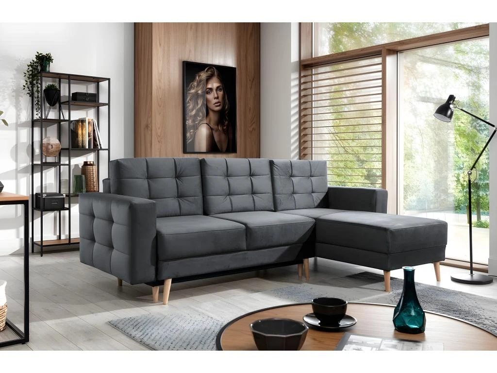 Canapé D'angle Convertible ASSIA VELOURS - En Tissu De Qualité 5 Places, Gris Anthracite, Angle Droit (vu De Face) 1 Canapé D'angle Convertible ASSIA VELOURS - En Tissu De Qualité 5 Places, Gris Anthracite, Angle Droit (vu De Face)