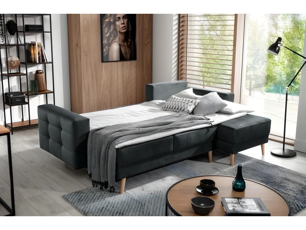 Canapé D'angle Convertible ASSIA VELOURS - En Tissu De Qualité 5 Places, Gris Anthracite, Angle Droit (vu De Face) 2 Canapé D'angle Convertible ASSIA VELOURS - En Tissu De Qualité 5 Places, Gris Anthracite, Angle Droit (vu De Face) – Image 2