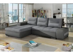 Canapé D'angle Convertible En Tissu Luxe Gris Et Simili Cuir Gris, 5 Places, Angle Gauche (vu De Face) - OTELLO