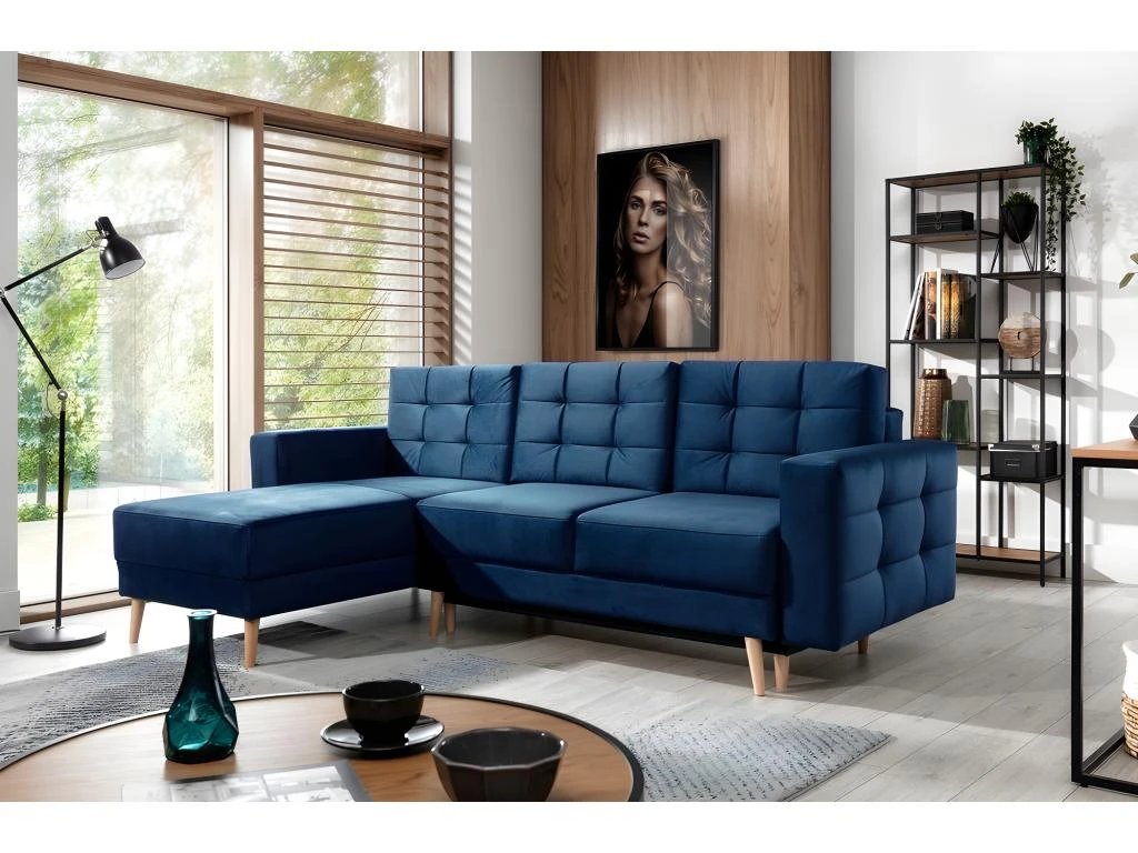 Canapé D'angle Convertible ASSIA VELOURS - En Tissu De Qualité 5 Places, Bleu Foncé, Angle Gauche (vu De Face) 1 Canapé D'angle Convertible ASSIA VELOURS - En Tissu De Qualité 5 Places, Bleu Foncé, Angle Gauche (vu De Face)