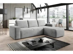 Canapé D'angle Convertible - SIDNEY VELOURS - En Tissu Luxe - 5/6 Places, Gris Clair, Angle Droit (vu De Face)