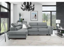 Canapé D'angle Convertible - KARL VELOURS - En Tissu Prestige - 5 Places, Gris Clair, Angle Gauche (vu De Face)