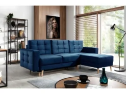 Canapé D'angle Convertible ASSIA VELOURS - En Tissu De Qualité 5 Places, Bleu Foncé, Angle Droit (vu De Face)