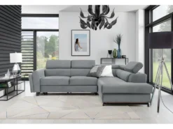 Canapé D'angle Convertible - KARL VELOURS - En Tissu Prestige, 5 Places, Gris, Angle Droit (vu De Face)