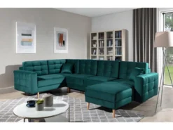 Canapé Panoramique Convertible - ASMA VELOURS - En Tissu De Qualité 5 Places, Vert Foncé, Méridienne à Droite Et Angle à Gauche (vu De Face)