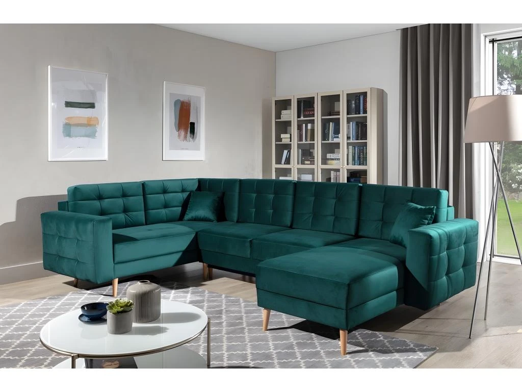 Canapé Panoramique Convertible - ASMA VELOURS - En Tissu De Qualité 5 Places, Vert Foncé, Méridienne à Droite Et Angle à Gauche (vu De Face) 1 Canapé Panoramique Convertible - ASMA VELOURS - En Tissu De Qualité 5 Places, Vert Foncé, Méridienne à Droite Et Angle à Gauche (vu De Face)