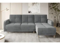 Canapé D'angle Convertible En Tissu Velours Luxe, Rangement - Gris, Angle Droit(vu De Face), ROXANE VELOURS