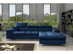 Canapé D'angle Convertible En Tissu Velours Luxe 5 Places, RICHARD, Bleu, Angle Droit