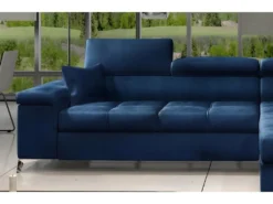 Canapé D'angle Convertible En Tissu Velours Luxe 5 Places, RICHARD, Bleu, Angle Droit -Canapé Soldes Boutique canape 9994191