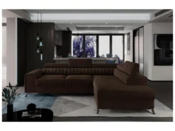 Canapé D'angle Convertible - LARRY VELOURS - En Tissu Luxe Marron, 5 Places, Angle Droit (vu De Face)