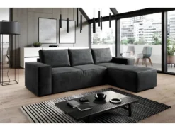 Canapé D'angle Convertible - SIDNEY VELOURS - En Tissu Luxe - 5/6 Places, Anthracite, Angle Droit (vu De Face)