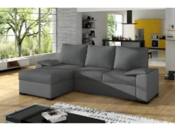 Canapé D'angle Convertible - En Tissu Gris Et Simili Gris, Angle Gauche (vu De Face) - LUCAS