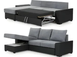 Canapé D'angle Convertible - En Tissu Gris Et Simili Gris, Angle Gauche (vu De Face) - LUCAS -Canapé Soldes Boutique canape 9994397