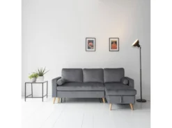 Canapé D'angle Convertible JAMES 3 Places En Velours Gris - HAPPY GARDEN