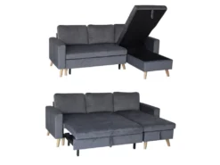 Canapé D'angle Convertible JAMES 3 Places En Velours Gris - HAPPY GARDEN -Canapé Soldes Boutique canape 9994417