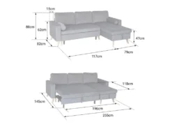 Canapé D'angle Convertible JAMES 3 Places En Velours Gris - HAPPY GARDEN -Canapé Soldes Boutique canape 9994421