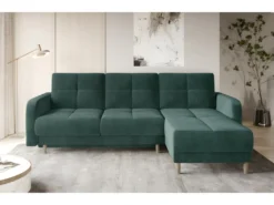 Canapé D'angle Convertible En Tissu Velours Luxe, Rangement - Vert Foncé, Angle Droit (vu De Face), ROXANE VELOURS