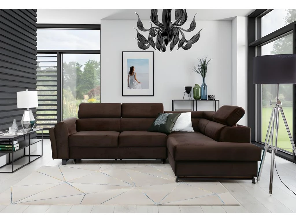 Canapé D'angle Convertible - KARL VELOURS - En Tissu Prestige, 5 Places, Chocolat, Angle Droit (vu De Face) 1 Canapé D'angle Convertible - KARL VELOURS - En Tissu Prestige, 5 Places, Chocolat, Angle Droit (vu De Face)