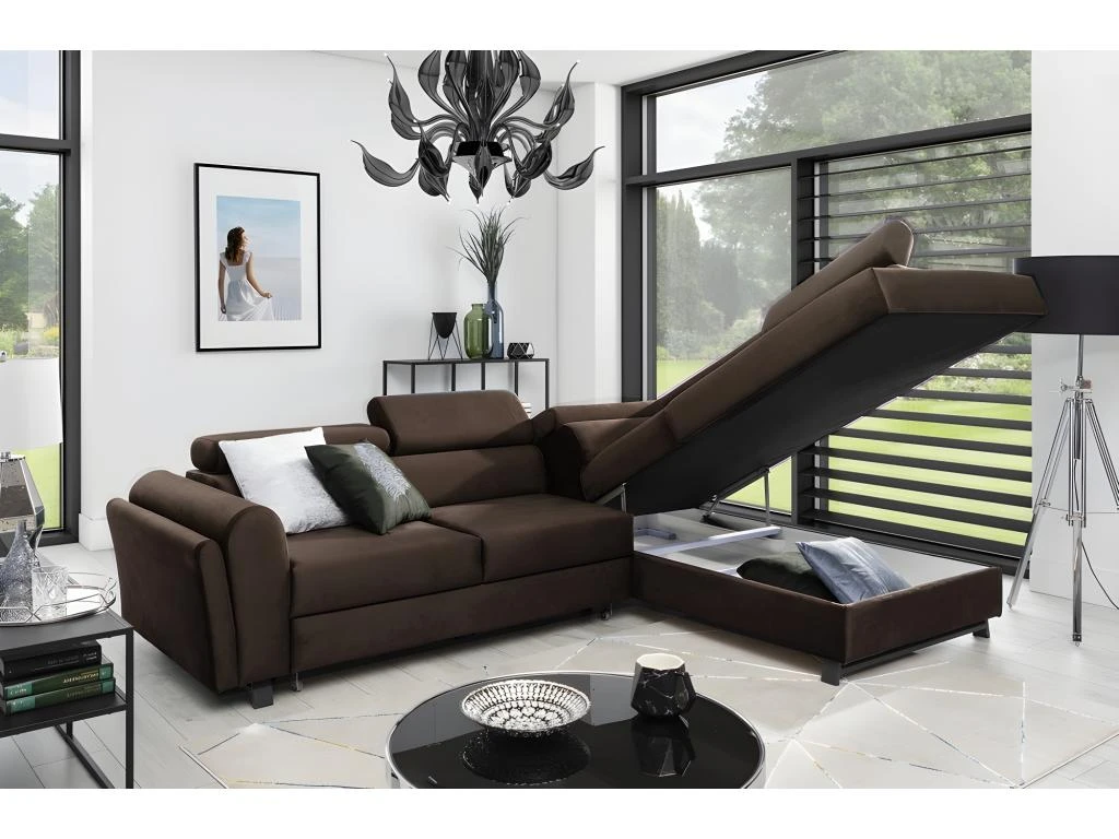 Canapé D'angle Convertible - KARL VELOURS - En Tissu Prestige, 5 Places, Chocolat, Angle Droit (vu De Face) 3 Canapé D'angle Convertible - KARL VELOURS - En Tissu Prestige, 5 Places, Chocolat, Angle Droit (vu De Face) – Image 3