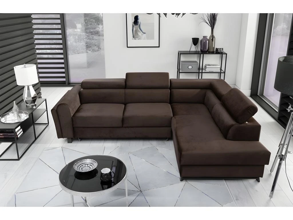 Canapé D'angle Convertible - KARL VELOURS - En Tissu Prestige, 5 Places, Chocolat, Angle Droit (vu De Face) 4 Canapé D'angle Convertible - KARL VELOURS - En Tissu Prestige, 5 Places, Chocolat, Angle Droit (vu De Face) – Image 4