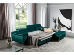 Canapé D'angle Convertible En Tissu Velours Luxe 5 Places, RICHARD, Vert, Angle Droit -Canapé Soldes Boutique canape 9994489