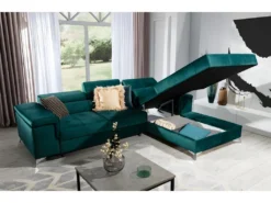 Canapé D'angle Convertible En Tissu Velours Luxe 5 Places, RICHARD, Vert, Angle Droit -Canapé Soldes Boutique canape 9994491