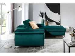 Canapé D'angle Convertible En Tissu Velours Luxe 5 Places, RICHARD, Vert, Angle Droit -Canapé Soldes Boutique canape 9994493