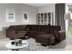 Canapé Panoramique Convertible - ASMA VELOURS - En Tissu De Qualité 5 Places, Marron Foncé, Méridienne à Droite Et Angle à Gauche (vu De Face)