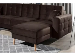 Canapé Panoramique Convertible - ASMA VELOURS - En Tissu De Qualité 5 Places, Marron Foncé, Méridienne à Droite Et Angle à Gauche (vu De Face) -Canapé Soldes Boutique canape 9995121