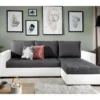 Canapé D'angle Convertible En Tissu Luxe Gris Foncé Et Simili Cuir Blanc, 5 Places, Avec Coffre, Angle Droit (vu De Face), NESTOR