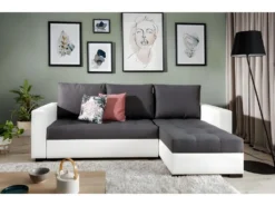 Canapé D'angle Convertible En Tissu Luxe Gris Foncé Et Simili Cuir Blanc, 5 Places, Avec Coffre, Angle Droit (vu De Face), NESTOR