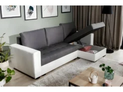 Canapé D'angle Convertible En Tissu Luxe Gris Foncé Et Simili Cuir Blanc, 5 Places, Avec Coffre, Angle Droit (vu De Face), NESTOR -Canapé Soldes Boutique canape 9995185