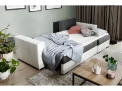 Canapé D'angle Convertible En Tissu Luxe Gris Foncé Et Simili Cuir Blanc, 5 Places, Avec Coffre, Angle Droit (vu De Face), NESTOR -Canapé Soldes Boutique canape 9995187