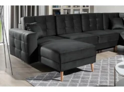 Canapé Panoramique Convertible - ASMA VELOURS - En Tissu De Qualité 5 Places, Gris Anthracite, Méridienne à Gauche Et Angle à Droite (vu De Face) -Canapé Soldes Boutique canape 9995247