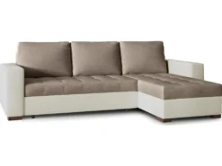 Canapé D'angle Convertible En Tissu Luxe Marron Et Simili Cuir Beige, 5 Places, Avec Coffre, Angle Droit (vu De Face), NESTOR