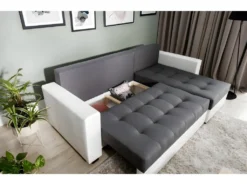 Canapé D'angle Convertible En Tissu Luxe Marron Et Simili Cuir Beige, 5 Places, Avec Coffre, Angle Droit (vu De Face), NESTOR -Canapé Soldes Boutique canape 9995405