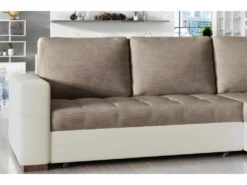 Canapé D'angle Convertible En Tissu Luxe Marron Et Simili Cuir Beige, 5 Places, Avec Coffre, Angle Droit (vu De Face), NESTOR -Canapé Soldes Boutique canape 9995407