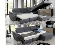 Canapé D'angle Convertible En Tissu Velours Prestige, Bleu, 5 Places, Angle Droit (vu De Face) - TRESOR -Canapé Soldes Boutique canape 9995435