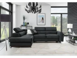 Canapé D'angle Convertible - KARL VELOURS - En Tissu Prestige - 5 Places, Gris Anthracite, Angle Gauche (vu De Face)