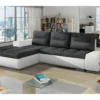 Canapé D'angle Convertible En Tissu Luxe Gris Foncé Et Simili Cuir Blanc, 5 Places, Angle Gauche (vu De Face) - OTELLO
