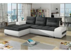 Canapé D'angle Convertible En Tissu Luxe Gris Foncé Et Simili Cuir Blanc, 5 Places, Angle Gauche (vu De Face) - OTELLO