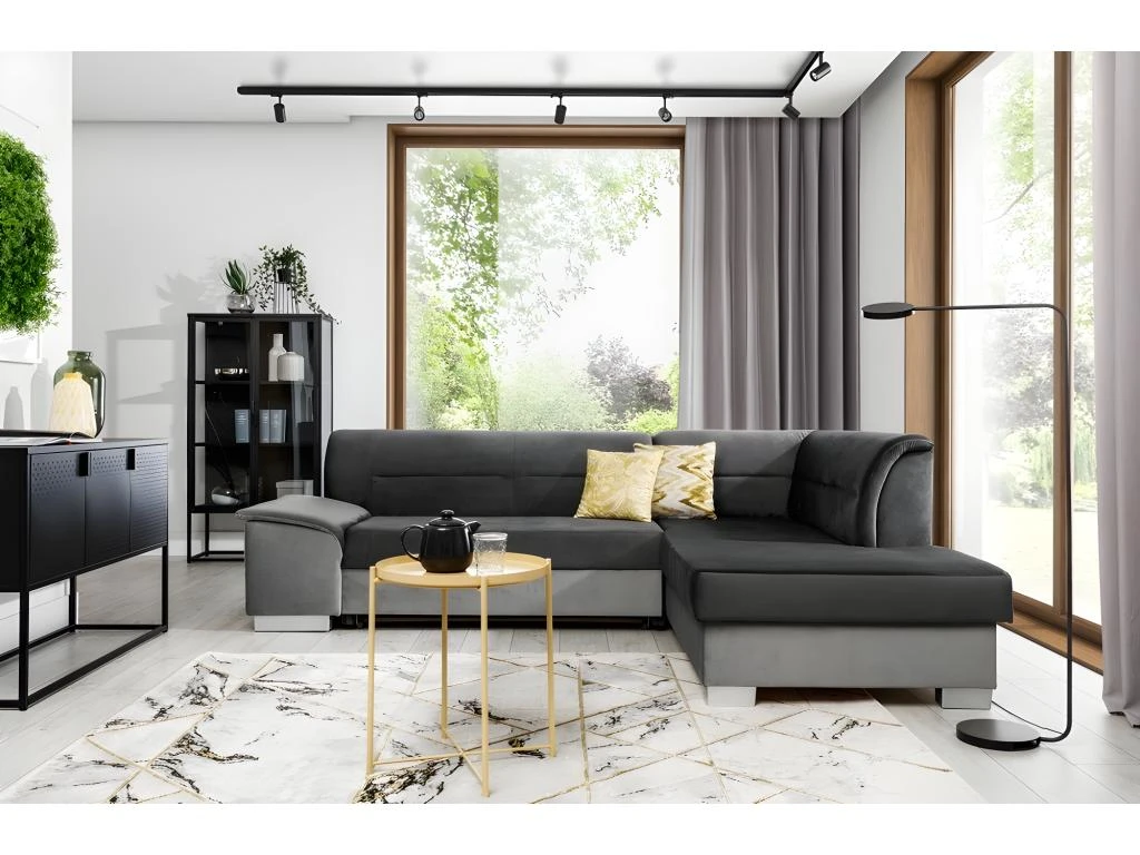 Canapé D'angle Convertible En Tissu Luxe 5 Places, Avec Coffre - Gris Foncé Et Gris Clair, Angle Droit (vu De Face), VERTU VELOURS 1 Canapé D'angle Convertible En Tissu Luxe 5 Places, Avec Coffre - Gris Foncé Et Gris Clair, Angle Droit (vu De Face), VERTU VELOURS