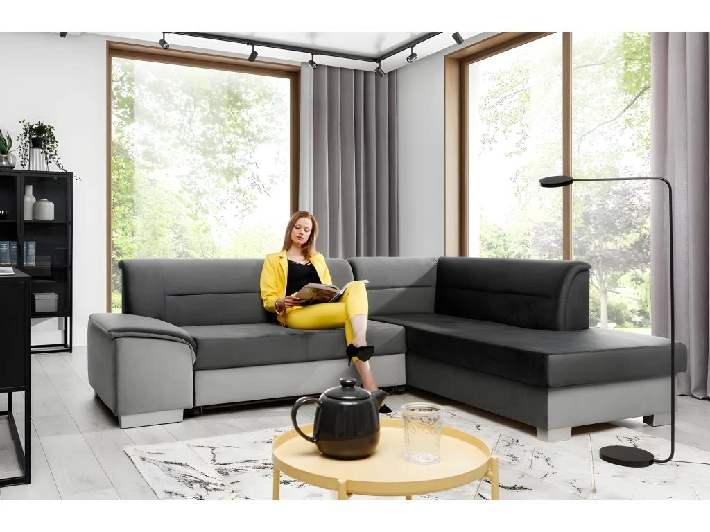 Canapé D'angle Convertible En Tissu Luxe 5 Places, Avec Coffre - Gris Foncé Et Gris Clair, Angle Droit (vu De Face), VERTU VELOURS 2 Canapé D'angle Convertible En Tissu Luxe 5 Places, Avec Coffre - Gris Foncé Et Gris Clair, Angle Droit (vu De Face), VERTU VELOURS – Image 2