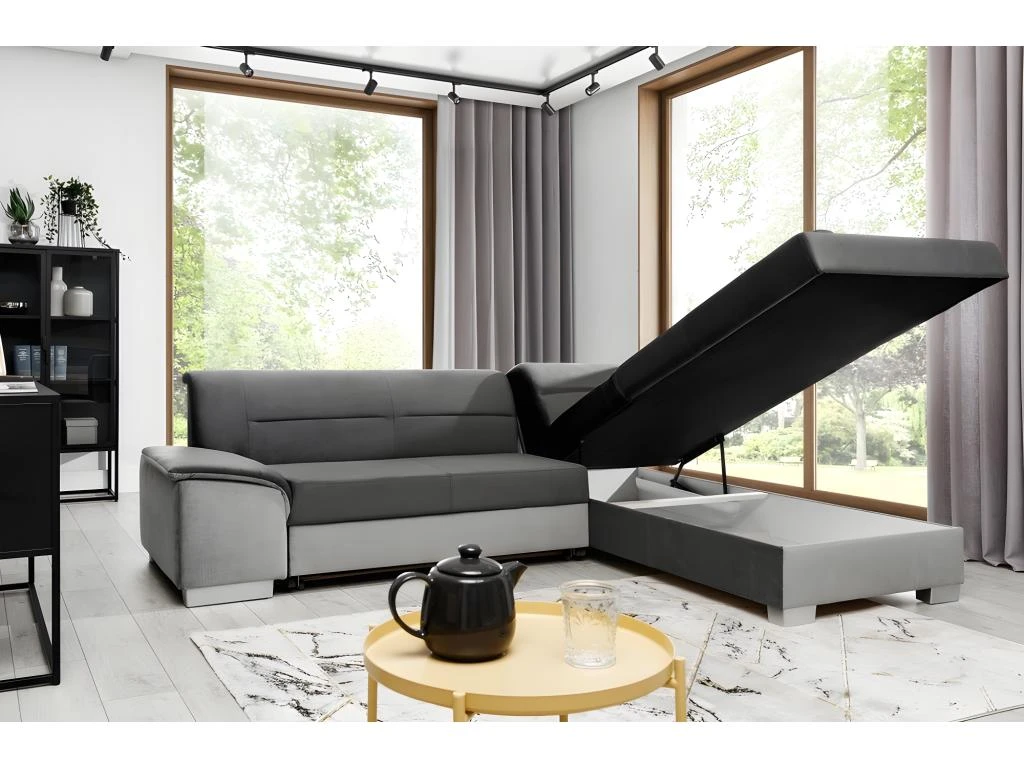 Canapé D'angle Convertible En Tissu Luxe 5 Places, Avec Coffre - Gris Foncé Et Gris Clair, Angle Droit (vu De Face), VERTU VELOURS 4 Canapé D'angle Convertible En Tissu Luxe 5 Places, Avec Coffre - Gris Foncé Et Gris Clair, Angle Droit (vu De Face), VERTU VELOURS – Image 4